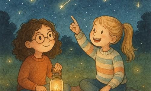 Hay 2 personajes principales: - Lía, una niña de 9 años con cabello castaño rizado y gafas redondas, sostiene una pequeña linterna en su mano derecha. Está sentada sobre una manta de lana con patrones coloridos, mirando el cielo estrellado con asombro. - Mara, una niña de 9 años con cabello rubio recogido en una cola de caballo, lleva un suéter a rayas y está sentada al lado de Lía. Señala una estrella fugaz en el cielo, sonriendo con entusiasmo. El lugar es un campo abierto bajo un cielo nocturno lleno de estrellas brillantes. Árboles oscuros bordean el campo y algunas luciérnagas danzan alrededor de las niñas, añadiendo un toque de magia a la escena. Una manta está extendida sobre la hierba suave, con un termo y un cuaderno de deseos encima. La situación principal muestra a Lía y Mara compartiendo un momento de descubrimiento y valentía bajo la lluvia de estrellas fugaces. Lía, superando su miedo a la oscuridad, ilumina suavemente el suelo con su linterna, revelando una pequeña mariquita sobre una hoja. Las estrellas fugaces cruzan el cielo dejando estelas luminosas, mientras las niñas ríen e intercambian deseos secretos.