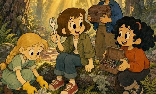 There are four 9-year-old girls: Maya, short brown hair, wearing a khaki jacket and red sneakers, seated center on a log holding a small canvas bag and showing a clean plastic fork she just rescued; Lina, long blonde braid in a light green dress, left of Maya, crouched on a bright moss patch picking up a crumpled plastic wrapper with yellow gloves; Josie, curly black hair and orange sweatshirt, right of Maya, holding a small 