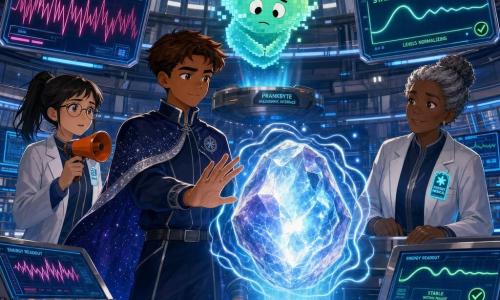 A teenage boy (about 16) in a midnight-blue suit with thin silver lines and a short wide-starred cape smiles softly with focused eyes and short brown hair as he reaches toward a large glowing floating stone called the PulsePearl to calm it; beside him Mina (about 15), with black ponytail, thin glasses and a light lab jacket, holds a small orange megaphone and watches the stone with worried confidence near a control panel; Dr. Lumen (about 45), gray hair in a bun and a white coat with a lighted badge, stands by a metal touch console relieved and attentive; above a console floats a playful pixelated hologram (PrankByte) with a neon-green face and sheepish expression; the scene is a round hospital energy room of glass and polished metal with a transparent dome ceiling showing blue cables and light rings, bright consoles and blue light tubes on the floor; the boy calms the PulsePearl, which emits blue-and-white waves that soothe as medical staff and the tech girl watch and screens show smoothing curves, in a vivid colored-ink style with crisp lines, blue and silver palette with warm accents, soft facial textures, strong lighting contrast on the stone and holograms, composition centered on the stone and the hero’s hand.