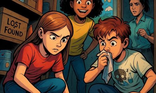 A focused 12-year-old girl, Mina, in casual clothes kneels in a camp supply closet with a notebook and pencil, pointing at a torn purple sticker fragment on the floor; behind her stands a curious, smiling 12-year-old girl, Jada, with curly hair and hands on hips, while a dramatic but friendly 12-year-old boy, Theo, in a graphic tee crouches nearby holding a paint-stained rag and sniffing the air playfully; Ms. Rivera, the camp leader with a ponytail, watches from the closet door holding keys; wooden shelves of paint-spattered boxes, ropes, orange cones, glue jars, an overflowing Lost & Found box and a childlike poster fill the space, the scene lit by a focused halo of bright color emphasizing the trio’s hopeful discovery—the sticker piece as a key clue to the missing snack box.