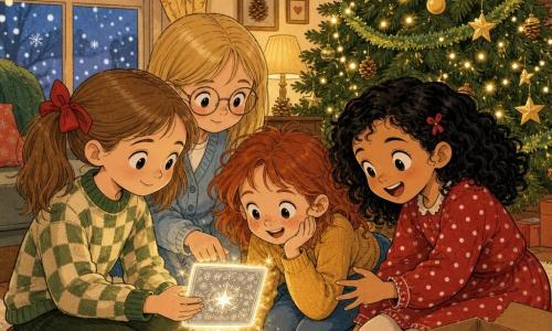 Four 7-year-old girls gather around a slightly glowing silver card on the cream rug of a warm living room at 8 Pinecone Street: Mia, light brown hair in tidy pigtails with red bows, wearing a green-and-cream plaid sweater, sits left of the tree holding the open card; Lila, curly black hair and a bright smile in a red polka-dot dress, reaches toward the card laughing, seated to Mia’s right; Nora, straight blonde hair, pale blue cardigan and round glasses, leans behind them touching the card’s corner as if listening; Zoe, tousled red hair in a mustard sweater and jeans, leans forward at center foreground to see better. A large, lush Christmas tree decorated with green garlands, golden stars and warm twinkling lights stands to the right, a box labeled GARLAND sits open nearby, snow falls outside the window, and the scene has a cozy, warm interior glow contrasting the cold blue outside, rendered in a simple, expressive comic style.