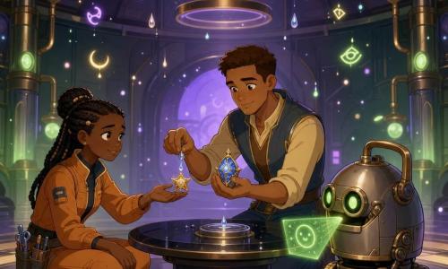 Adult man (Jalen) kneeling, calm and focused, short brown hair, simple silver uniform with pale blue accents, delicately holding a small blue-and-gold glowing crystal talisman; a junior female technician, about 16, braided hair, orange jumpsuit with tool pockets, sitting on the floor to his left, relieved and smiling as she reaches for a small star-shaped medallion he helped repair; a kettle-shaped maintenance robot on wheels with polished metal shell and green lenses to the right, projecting a small hologram; technical sanctuary: large round room with curved metal walls, shiny pipes, floating rune-lights like fireflies, suspended light rings above a central dark glass table, purple-and-green ambient light and suspended moonwater droplets; main action: Jalen applies a drop of silvery liquid and the talisman calms from frantic buzzing to a steady blue-gold glow; centered composition, saturated colors, simple shapes, childlike vector style, clean lines and soft contrasts.
