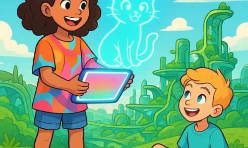 A 12-year-old girl, Maya, with curly brown hair, smiling and full of enthusiasm, stands in a green meadow on a rooftop, holding a small glowing sign in her hands. She wears a colorful tunic and shorts, with sneakers ready for adventure. Next to her, Leo, a 12-year-old boy with blond hair and sparkling eyes, sits on the grass, laughing and curiously watching the sign. In the background, the sky is a bright blue, dotted with fluffy white clouds, while the futuristic city of Verdant Rise stretches below, featuring organic-shaped buildings, hanging gardens, and floating walkways. The main scene shows Maya activating the glowing sign, which emits a soft colorful glow, as a friendly cat hologram appears, creating a joyful and magical atmosphere.