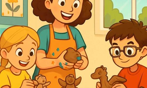 Clara, uma artista com cabelos castanhos cacheados e olhos brilhantes de alegria, está em pé diante de uma grande mesa de madeira, com as mãos cobertas de tinta colorida. Ela sorri entusiasticamente, segurando um pedaço de argila, pronta para mostrar às crianças como criar esculturas. Sofia, uma menina de 8 anos com cabelos loiros trançados e um sorriso radiante, está sentada ao seu lado, concentrada em fazer uma pequena fada de argila, com os olhos brilhando de excitação. Lucas, um menino de 9 anos com óculos e cabelos castanhos bagunçados, está um pouco mais longe, moldando um dragão, seu rosto marcado pela determinação. A cena ocorre em uma sala de aula iluminada, com paredes decoradas com desenhos coloridos e janelas que deixam entrar a luz do sol, iluminando os rostos das crianças. Potes de tinta e pincéis estão espalhados pela mesa, criando uma atmosfera criativa e alegre. Clara explica com paixão como transformar a argila em obras de arte, enquanto as crianças, absorvidas em seu trabalho, dão livre curso à sua imaginação, criando esculturas únicas e fantásticas.