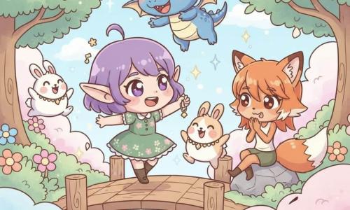Lila é uma elfa menina, alegre e aliviada, cabelos curtos violeta, orelhas pontudas, veste um vestido verde com pequenas flores, segura um pequeno colar brilhante e sorri pulando; Pipoca é um pequeno dragão menino azul vivo com escamas cintilantes e olhos travessos, voa acima de Lila batendo as asas e ri; três coelhinhos arredondados e fofos, brancos e bege, usam cada um o colar como um enfeite e saltitam rindo; Rúbia é uma raposa menina ruiva, esguia e travessa, sentada numa pedra próxima aplaudindo; o local é a Ponte das Nuvens, uma passarela de madeira suspensa sobre nuvens rosas e azuis com flores luminosas e árvores cujas folhas parecem notas musicais; cena de entrega do colar mágico após uma competição de saltos, com clima festivo, cores pastel, gestos dinâmicos, confetes e pequenas estrelas.