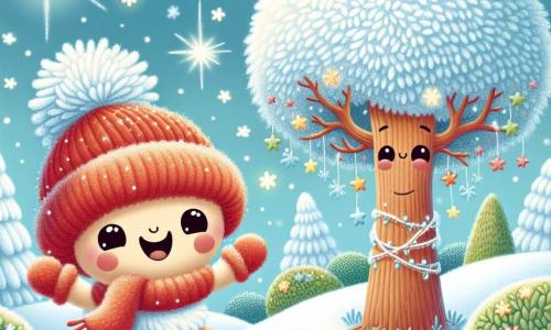 Un piccolo omino di lana colorata, con un grande sorriso e occhi scintillanti, sta saltando gioiosamente in un giardino innevato, circondato da fiocchi di neve luccicanti. Indossa un cappello di lana rossa con un pompon bianco e guanti abbinati, e sembra pieno di energia e entusiasmo. Accanto a lui, un grande albero con rami carichi di neve, con un volto amichevole e occhi dolci, guarda l'omino con un sorriso benevolo, scuotendo leggermente i rami come per incoraggiarlo. Il giardino è un paesaggio invernale magico, con dolci colline coperte di neve brillante, cespugli dalle forme arrotondate e stelle scintillanti nel cielo blu chiaro. La scena principale mostra l'omino di lana e l'albero che collaborano gioiosamente per raccogliere rami e foglie, creando un grande mucchio per preparare la loro casa per l'inverno, divertendosi nella neve.