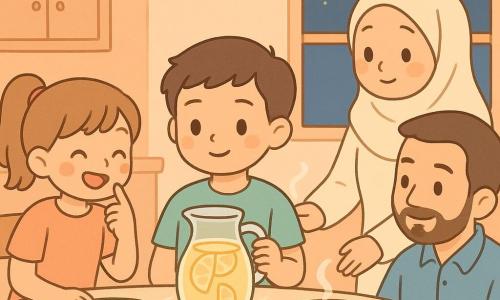 Een warme iftar-scène in een schemerende keuken: een kalme, vrolijke 12-jarige jongen met rond gezicht, grote heldere ogen, licht gebruinde huid en kort bruin haar houdt een glazen karaf met zichtbare schijfjes citroen en kijkt zacht glimlachend naar de tafel; links zit Nora, ongeveer 9, lichtbruin haar in een staart, ondeugende blik, ze lacht en wijst naar een klein confituurvlekje op zijn wang; rechts staat de vader (±40) met korte baard en blauwe hemd die geruststellend een hand op de rug van de jongen legt; achter de tafel staat de moeder (±38) met licht crèmekleurig hoofddoekje en zet een dampende kom soep in het midden. De keuken is warm met perzikkleurige muren, zachte gouden lampverlichting, een raam met donkerblauwe lucht, een licht houten tafel met gestreept tafelkleed, kleurrijke borden en een lichtgele karaf centraal; de tafel is half gezet met enkele lege stoelen om afwezigheid te tonen. Sfeervol en gastvrij, met soepstoom, kruimels op het kleed, druppels op het glas en goed zichtbare citroenschijfjes. Visuele stijl: eenvoudige lijnen, afgeronde contouren, warme pastelpalette (geel, perzik, marineblauw, muntgroen), zeer zachte schaduwen en minimalistische texturen, compositie gecentreerd op de karaf en de jongen.