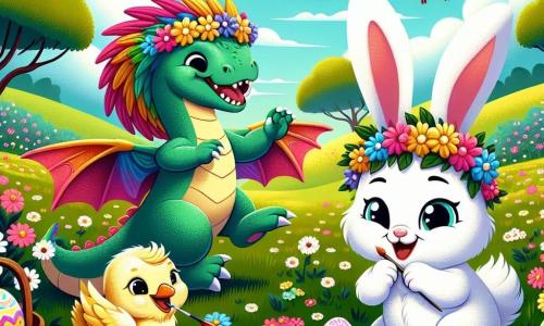 Un pequeño dragón llamado Dino, con escamas de colores como un arcoíris, sonríe alegremente llevando una corona de flores en la cabeza. Salta de felicidad en un campo verde. A su lado, una conejita llamada Luna, con pelaje blanco y grandes orejas, baila riendo, con un gran lazo rosa en el pelo. Un pequeño pollito llamado Pip, con plumas amarillas y un pequeño abrigo dorado, pinta huevos coloridos en una mesa de madera, con los ojos brillantes de emoción. El escenario es un campo en flores, con árboles majestuosos y un cielo azul salpicado de nubes blancas. La escena muestra la alegría de preparar el desfile de Pascua, lleno de colores y amistad.