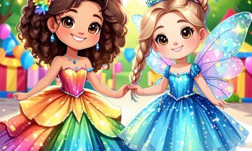 In een vrolijke carnavals scène danst Lotte, een achtjarig meisje met krullend bruin haar en een grote glimlach, in een prachtige regenboog prinsessenjurk met kleine spiegels die in de zon schitteren. Naast haar staat haar beste vriendin Noor, ook acht jaar oud, met gevlochten blond haar in een glinsterende feeënoutfit met vleugels en een roze tule rok. Samen dansen ze vrolijk in het midden van de scène, omringd door kleurrijke confetti die uit de lucht valt. Achter hen beweegt Draakje Pompom, een grote kleurrijke ballonnen-draken met sprankelende ogen en een vriendelijke glimlach, met zijn grote vleugels. De feestlocatie is een groot plein met geplaveide straten versierd met lichtslingers en zwevende ballonnen. Achtergrond toont stands met kleurrijke lekkernijen zoals snoep en popcorn, terwijl een vrolijke menigte applaudisseert en danst, wat een feestelijke en magische sfeer creëert. De hoofdscène toont Lotte en Noor, hand in hand, dansend met Draakje Pompom in het midden van de parade, onder een stralende blauwe lucht, terwijl kleurrijke vuurwerk boven hen explodeert en hun verwonderde gezichten verlicht.