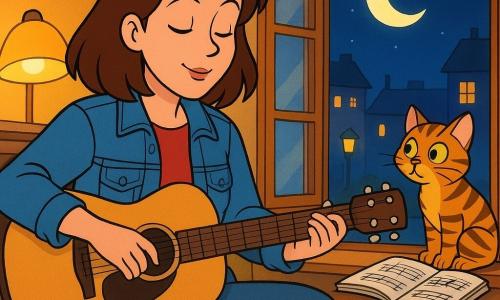 Eine etwa 25-jährige lächelnde, konzentrierte Musikerin mit braunem Bob und leuchtend haselnussbraunen Augen in Jeansjacke und bequemer Hose hält eine helle Holzgitarre, schließt die Augen und stimmt sanfte Töne; ein kleiner getigerter Kater sitzt neugierig auf dem Fensterbrett mit einer Pfote auf Noten; die Szene spielt in einer kleinen städtischen Dachkammer mit schrägem Dach, buntem Teppich, warmem Licht, Stapeln von Noten und einem Keyboard auf dem Tisch, das Fenster ist offen zu einer von Laternen und Mond beleuchteten Straße, leichter Wind und gedämpftes gelbes Licht — sie bereitet sich auf einen nächtlichen musikalischen Spaziergang vor.