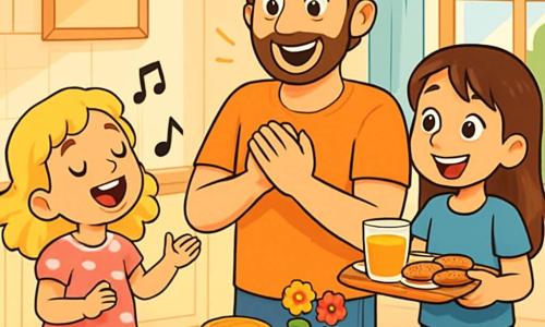 Er zijn 3 personages: - Lotte: een 8-jarig meisje met krullend blond haar, in een roze jurk met witte stippen. Ze staat links, glimlachend en zingt vrolijk. - Emma: een 8-jarig meisje met steil bruin haar, gekleed in een blauwe t-shirt en een spijkerbroek. Ze staat rechts van Lotte, houdt een dienblad met koekjes en een glas sinaasappelsap vast, met een grote glimlach. - De vader: een man van ongeveer 35 jaar, met kastanjebruin haar en een lichte baard, in een casual t-shirt en een broek. Hij staat in het midden, kijkt naar zijn dochters met verwonderde ogen, klaar om hun verrassing te ontvangen. De locatie is een lichte en uitnodigende keuken, met een grote houten tafel, ramen die zonlicht binnenlaten, en een mooi gedekte tafel met een kleurrijke tafelkleed. Op de tafel staan borden met pannenkoeken, een kom met vers fruit en een mooie vaas met bloemen. De hoofdscène laat Lotte en Emma zien die een vrolijk nummer voor hun vader zingen, die verrast en ontroerd is door hun aandacht. De meisjes zijn vol energie en geluk, terwijl hun vader hen liefdevol aankijkt, wat een warme en feestelijke sfeer creëert voor Vaderdag.