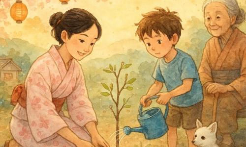 Una joven sonriente y segura, vestida con un ligero kimono rosa pálido con motivos de pétalos de cerezo, cabello negro en moño con una horquilla de madera, planta delicadamente un pequeño cerezo con las manos en la tierra; a su derecha un niño de unos 8 años, pelo castaño alborotado, curioso, riega un joven bambú con una regadera azul; una anciana de unos 70 años, pelo gris recogido y piel arrugada pero sonriente, apoya un bastón de bambú desde un banco de madera con un sombrero de paja en el regazo; un pequeño zorro blanco de pelaje suave y ojos vivos está sentado junto a las raíces, atento; escenario en un bosquete cercano a un pueblo japonés con suelo de tierra oscura y hojas, flores de cerezo en cascada, faroles de papel colgando, casas de tejas y colinas suaves al fondo; plantación colectiva al crepúsculo con luz dorada entre las ramas, atmósfera cooperativa y serena, gotas de agua brillando en las hojas y sutiles salpicaduras como acuarela para dar movimiento.
