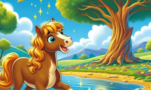 Un caballo majestuoso llamado Estrella, con un brillante pelaje marrón y una melena dorada que flota al viento, se encuentra al borde de un lago resplandeciente, mostrando una expresión de alegría y emoción al ver su cintilla dorada flotando en el agua. A su lado, una mariposa colorida con alas vibrantes de azul y amarillo vuela a su alrededor, sonriente y alentadora, lista para ayudarlo en su búsqueda. Al fondo, un gran árbol con hojas verdes exuberantes y un tronco nudoso se erige, añadiendo un toque de sabiduría a la escena. El cielo es de un azul brillante, salpicado de nubes blancas y esponjosas, y el prado está lleno de flores coloridas que bailan con la suave brisa. Estrella, con determinación, se acerca al lago, listo para zambullirse y recuperar su preciada cintilla dorada.