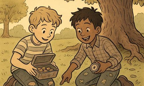 Hay dos niños de unos 10 años: Leo, cabello corto y ondulado, camiseta a rayas y rodillas sucias, agachado a la izquierda del roble sosteniendo una pequeña caja metálica abierta con monedas antiguas; y Tomás, pelo castaño revuelto, camisa a cuadros y pantalón con hojas pegadas, a la derecha de Leo y con una rodilla en el suelo sosteniendo una brújula dorada y señalando el mapa desplegado junto a las raíces. Están en un gran parque al crepúsculo delante de un roble masivo de tronco rugoso y raíces aparentes; hierba aplastada, hojas y piedras alrededor, luz suave del atardecer filtrándose entre las ramas y una caja metálica oxidada semi enterrada contra las raíces. Acaban de encontrar el tesoro: la caja abierta muestra monedas antiguas y una nota, el mapa arrugado está al lado; las raíces enmarcan la escena y sus expresiones muestran sorpresa y alegría, creando una atmósfera de aventura y descubrimiento.