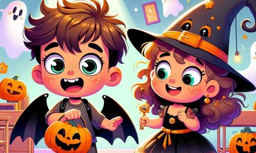 Un niño de 4 años, Lucas, con grandes ojos brillantes y cabello castaño desordenado, lleva un disfraz de murciélago negro con grandes alas. Tiene una sonrisa maravillada en el rostro, corriendo alegremente en el aula decorada para Halloween. A su lado, Lila, una pequeña brujita de 5 años, con cabello rizado y un sombrero puntiagudo torcido, sonríe y lo anima, sosteniendo una pequeña llave dorada en su mano. El aula está llena de globos naranjas, guirnaldas de fantasmas de papel y calabazas sonrientes, creando un ambiente festivo y mágico. En esta escena, Lucas y Lila están buscando un tesoro escondido, llenos de emoción y curiosidad, mientras una suave luz ilumina su aventura.