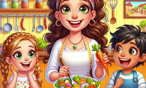 Una chef de cocina sonriente, Carmen, una mujer de unos treinta años con cabello rizado castaño y un delantal colorido, se encuentra en el centro de la cocina, rodeada de verduras frescas. Tiene ojos brillantes de alegría y una gran sonrisa cálida, mostrando su entusiasmo por la cocina. A su lado, Ana, una niña de 8 años con trenzas rubias, sostiene una zanahoria en alto, maravillada por el color vivo de los ingredientes. Lleva un pequeño delantal con flores y mira a Carmen con admiración. Juan, un niño de 7 años con el cabello negro despeinado, está mezclando una gran ensalada en un bol, riendo a carcajadas, mientras trozos de verduras coloridas vuelan a su alrededor. La cocina es luminosa y acogedora, con paredes pintadas de amarillo pastel, estanterías llenas de tarros de especias y utensilios de cocina colgados. Una gran mesa de madera está cargada de frutas y verduras frescas, creando un ambiente alegre y animado. Carmen enseña a los niños cómo preparar una deliciosa ensalada, y todos ríen juntos, compartiendo momentos de felicidad y creatividad culinaria.