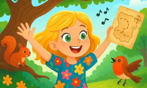 An 8-year-old girl, Emma, with golden hair shining like sunbeams, wears a colorful floral dress. She has sparkling green eyes full of curiosity and a bright smile of joy. She stands in front of a large gnarled tree, raising her arms in wonder while holding an ancient map in her hands. Next to her, a small robin with bright red plumage joyfully flits around Emma, singing cheerful notes. A mischievous squirrel with brown fur and a bushy tail climbs a nearby branch, watching the scene with sparkling excited eyes. The setting is an enchanted clearing surrounded by tall trees with vibrant green leaves, where wildflowers of all colors dance in the breeze. A soft ray of sunlight filters through the branches, illuminating the scene with a golden light. The main situation shows Emma, full of enthusiasm, discovering a hidden treasure, a mysterious map that promises an incredible adventure.