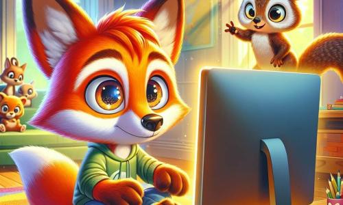 Felix, een jonge vos met een feloranje vacht en nieuwsgierige ogen, zit voor een helder scherm, gefascineerd door een videogame. Zijn uitdrukking is zowel verwonderd als een beetje bezorgd, alsof hij verloren is in een fascinerende virtuele wereld. Naast hem kijkt Max, een klein eekhoorn met bruin haar en een volle staart, met een mengeling van bezorgdheid en opwinding naar hem, terwijl hij op zijn achterpoten staat, klaar om hem uit te nodigen om naar buiten te gaan. Olivia, een wijze uil met zachte veren en grote ronde ogen, zit op een nabijgelegen tak en observeert de scène met een bemoedigende glimlach, alsof ze weet dat het avontuur op hen wacht. De scène speelt zich af in een warme kamer, gevuld met kleurrijke speelgoed en boeken, met een zonnestraal die door het raam filtert en de kamer in een gouden licht baadt. Felix is verdiept in zijn scherm, terwijl Max en Olivia proberen hem te overtuigen om naar buiten te gaan voor een avontuur in de echte wereld, wat een contrast creëert tussen de magie van het virtuele en de roep van de natuur.
