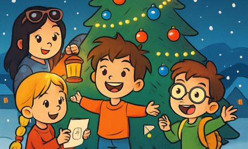 Ci sono 4 bambini: - Luca: un ragazzo di 10 anni, con i capelli castani in disordine e un sorriso splendente, al centro con le braccia aperte. - Sofia: una ragazza di 10 anni, con lunghi capelli biondi intrecciati e occhi scintillanti, leggermente a sinistra di Luca, tiene un pezzo di carta e una penna. - Marco: un ragazzo di 10 anni, con capelli castani e occhiali tondi, a destra di Luca, salta sul posto con entusiasmo. - Giulia: una ragazza di 10 anni, con capelli neri e occhiali da sole in testa, dietro Luca, tiene una piccola lanterna accesa che illumina i loro volti. La scena si svolge in cima a una collina innevata, con un grande albero di Natale decorato. I bambini sono riuniti attorno all'albero, appendendo una lanterna brillante e un messaggio di pace, sorridendo e illuminati dalla luce della lanterna.