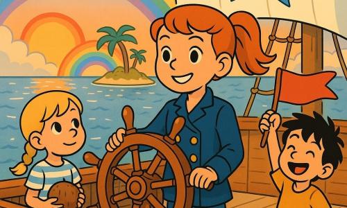 Lily, a young woman captain with red hair in a ponytail, wearing a navy jacket with gold buttons, hand on a polished wooden helm, confident stance and bright eyes; a boy of about 8 with messy black hair laughs while waving a red flag on the deck to Lily’s right; a girl of about 6 with blonde braids in a striped dress holds a coconut near the left rail, looking amazed at the horizon; the ship Sea Star is a large wooden vessel with a white sail bearing a blue star and visible rigging; the calm sea after a storm shimmers with orange sunset reflections, a rainbow appears in the background and a silvery mist reveals a small sparkling island with curved palms and a golden sandy beach; the crew is celebrating finding the magical island — joyful, peaceful atmosphere with colorful composition, clear outlines and very readable facial expressions for young children.