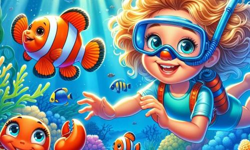 Ein 8-jähriges Mädchen mit lockigem, goldenem Haar trägt einen blauen Neoprenanzug. Sie hat neugierige, funkelnde Augen und ein staunendes Lächeln und schwimmt begeistert im klaren Wasser. Neben ihr schwimmt ein bunter Fisch namens Oskar, ein Clownfisch mit orange-weißen Streifen, der sie fröhlich durch die Unterwasserwelt führt. Etwas weiter entfernt schlüpft ein kleiner Krebs namens Karla mit einem leuchtend roten Panzer und schelmischen Augen zwischen den Algen hindurch, bereit zu helfen. Die Szenerie ist ein wunderschönes Korallenriff, gefüllt mit bunten Korallen, exotischen Fischen und Lichtstrahlen, die durch das Wasser filtern und eine magische Atmosphäre schaffen. Die Hauptsituation zeigt das Mädchen und Oskar, die gemeinsam das Riff erkunden, umgeben von Meeresbewohnern, während Karla sie ermutigend anlächelt, alle bereit für ein neues Abenteuer unter dem Meer.