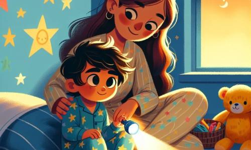 Un niño de 2 años, Lucas, con cabello castaño desordenado y grandes ojos curiosos, sostiene una pequeña linterna que ilumina su rostro con un suave resplandor. Sonriente y decidido, está sentado en su cama, rodeado de peluches coloridos. Su mamá, una mujer de unos 30 años con cabello largo y castaño, está a su lado, dándole un abrazo reconfortante. Lleva un pijama con estrellas y mira a Lucas con ternura, tranquilizándolo en la oscuridad. La escena tiene lugar en una habitación infantil acogedora, con paredes pintadas de azul claro, estrellas doradas en el techo y juguetes esparcidos por el suelo. Una ventana muestra la noche estrellada afuera. Lucas, con su linterna encendida, explora las sombras de su habitación, descubriendo que pueden ser divertidas y no aterradoras. La luz crea formas danzantes en las paredes, y Lucas ríe, dándose cuenta de que la noche puede ser un lugar mágico.