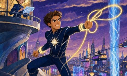 NeonNova staat centraal, vastberaden en in beweging in een nachtblauw nauwsluitend kostuum met zilveren lijnen en een lichtend supernovasymbool op de borst; hij werpt een gouden laso van licht naar een kolom elektrisch blauw licht om een energielek te herstellen terwijl kleine stadslichtjes worden opgezogen. Mira, ongeveer 28 en uitvindster, staat op een balkon van het Observatorium met haar in een knot en ronde bril, een glanzende tablet in de hand en zorgelijke blik terwijl ze de instrumenten bedient. De scène speelt zich af op het dak van een hoge, gladde spiraaltoren met gepolijste metalen texturen en gekleurde ramen onder een bijna paarse nachtelijke hemel met zacht verlichte wolken. Op de achtergrond strekt de futuristische stad Luminaal zich uit met zwevende trams, holografische reclame, warme straatlampen en wisselende neonlichten. Gouachepalet: heldere maar zachte kleuren — diepe blauwen, purpers, zilver- en gouden accenten — zichtbare penseeltexturen, zachte contouren, heroïsche en geruststellende sfeer geschikt voor kinderen.