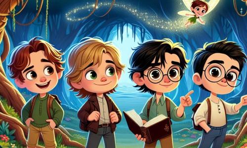 Em uma floresta encantada, quatro meninos se reúnem prontos para a aventura. Lucas, de 10 anos, admira uma pequena fada que voa à sua frente. À sua direita, Pedro, de 11 anos, aponta para uma caverna escura ao longe. Tiago, de 10 anos, com óculos redondos, segura um livro aberto, pensando em uma solução. Rafael, de 9 anos, faz uma careta engraçada para aliviar a tensão. O cenário é uma floresta mágica com árvores grandes, flores coloridas e uma névoa cintilante. Os meninos se preparam para enfrentar um mago travesso que roubou o Cristal da Alegria, essencial para trazer a magia de volta à sua cidade. Eles estão determinados a resolver enigmas e provar sua coragem para salvar seu mundo encantado.