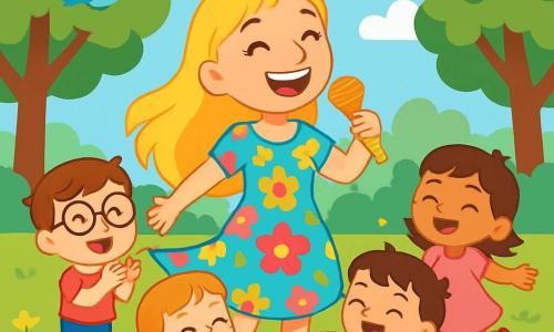 Sanne, een vrolijke vrouw met lang blond haar en een stralende glimlach, staat in het midden van het park met een gouden microfoon in haar hand. Ze draagt een kleurrijke bloemenjurk die danst in de wind, en haar ogen stralen van blijdschap terwijl ze zingt. Naast haar applaudisseert een 6-jarig jongetje met bruin haar en ronde bril, genaamd Max, enthousiast met rode wangen van vreugde. Een groep van drie kinderen, twee meisjes en een jongen van 5 tot 7 jaar, danst om haar heen, hun lach weerklinkt in de lucht. Het park is groen, vol majestueuze bomen, heldere bloemen en een helderblauwe lucht met pluizige witte wolken. Kleurrijke vogels vliegen rond, wat bijdraagt aan de vrolijke sfeer. Sanne, omringd door haar jonge vrienden, zingt een aanstekelijke melodie en nodigt alle kinderen uit om samen met haar de muziek en vriendschap in deze betoverende plek te vieren.