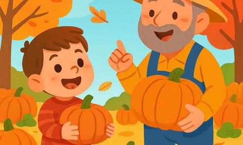 A 4-year-old boy with brown hair and sparkling eyes holds a small orange pumpkin in his arms, smiling with wonder. He wears a red striped sweater and jeans, standing in the middle of a pumpkin patch. Next to him is a 50-year-old man, Farmer Joe, with a gray beard and a straw hat, smiling while showing a large pumpkin he just picked. The field is filled with pumpkins of all sizes, surrounded by trees with golden and red leaves under a clear blue sky. The scene depicts the boy and Farmer Joe laughing and chatting joyfully as autumn leaves gently fall around them.