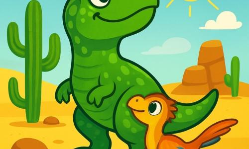 Un Tyrannosaurus Rex numit Tiri, cu o piele verde strălucitoare și solzi lucioși, stă cu curaj în mijlocul unei vaste deșerturi aurii. Ochii săi mari și rotunzi exprimă o determinare veselă, în timp ce își ridică capul spre cer, pregătit să pornească în aventură. Lângă el, un mic velociraptor cu pene colorate, numit Riri, îl privește pe Tiri cu admirație, ochii săi strălucind de curiozitate. Deșertul este presărat cu cactuși uriași și stânci sculptate de vânt, sub un cer albastru strălucitor unde soarele strălucește intens. Tiri și Riri se pregătesc să pornească în căutarea aliatului legendar care ar putea salva lumea lor, plini de entuziasm și speranță.