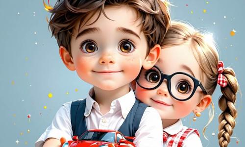 Um menino de 4 anos, Léo, com cabelos castanhos bagunçados e olhos brilhantes de curiosidade, está no centro da imagem, segurando um pequeno brinquedo em forma de carro vermelho nas mãos. Ele tem um sorriso largo e um olhar determinado, como se estivesse pronto para resolver um grande mistério. Ao seu lado, Mia, uma menina de 4 anos com cabelos loiros trançados e óculos redondos, observa ao redor com uma expressão concentrada. Ela usa um vestido colorido e segura uma lupa, pronta para examinar as pistas. Um pouco mais longe, Lucas, um menino de 4 anos com cabelos negros e sardas, aponta para uma roda de brinquedo encontrada na areia, exibindo uma expressão de empolgação. A cena ocorre em um parque escolar ensolarado, com árvores verdejantes, um escorregador colorido e uma caixa de areia cheia de brinquedos espalhados. Flores coloridas bordam o caminho, adicionando um toque alegre ao ambiente. Léo, Mia e Lucas estão em plena investigação, procurando pistas para encontrar o precioso carrinho vermelho de Léo, com elementos de brincadeira ao redor, como pás e baldes, enquanto exploram o parque com entusiasmo e curiosidade.
