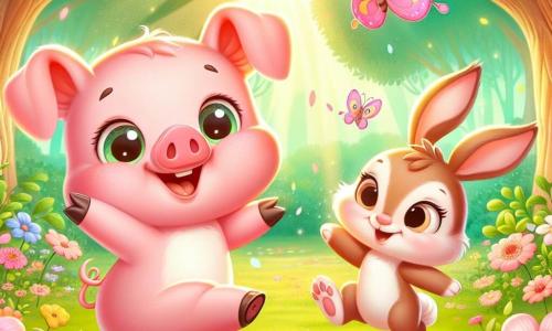 Un piccolo maialino rosa di nome Pino, con guance rotonde e occhi scintillanti di gioia, balla felicemente in un campo di fiori colorati, con le sue piccole zampette sollevate in aria. Accanto a lui, una leprotta di nome Lilla, con un morbido pelo marrone e grandi orecchie, salta con un sorriso radioso, pronta a giocare. Sullo sfondo, una piccola farfalla dalle ali multicolori vola intorno a loro, aggiungendo un tocco di magia alla scena. Il luogo è un magnifico boschetto, pieno di alberi verdi con tronchi spessi, fiori vivaci e una dolce luce dorata che filtra attraverso le foglie. La scena principale mostra Pino e Lilla che si divertono insieme, circondati dalla bellezza della natura, pronti a vivere una nuova avventura.