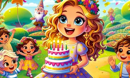 Uma menina de 8 anos, Clara, com cabelos cacheados e dourados que brilham ao sol, usa um vestido de bolinhas coloridas e exibe um grande sorriso de alegria. Ela está soprando as velas do seu bolo de aniversário, cercada por seus amigos. Ao lado dela, Sofia, uma menina de 8 anos com cabelos lisos e castanhos, usa uma coroa de flores e aplaude com entusiasmo, enquanto Lucas, um garoto de 8 anos com cabelos loiros e desgrenhados, segura um balão em forma de estrela e sorri amplamente, com os olhos brilhando de excitação. A cena acontece em um parque verdejante, cheio de flores vibrantes e árvores majestosas, com lanternas coloridas penduradas nos galhos, iluminando a clareira onde a festa ocorre. Clara, rodeada por seus amigos, celebra seu aniversário, pronta para fazer um pedido ao soprar as velas do seu bolo decorado com fadas e duendes, enquanto um pequeno gnome de jardim, Pipoca, os observa com um sorriso travesso, pronto para trazer um toque de magia a este dia especial.