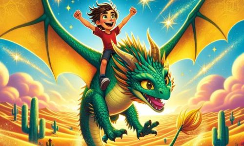A majestic dragon named Ember, with shimmering emerald scales and sparkling golden eyes, flies in the sunny sky, her large wings spread wide, creating whirlwinds of golden dust around her. Beside her, an 8-year-old boy named Leo, with messy brown hair and wearing a red t-shirt and blue shorts, sits on Ember's back with his arms raised in joy, his face radiating excitement. Their adventure unfolds above a vast desert, where golden sand dunes stretch endlessly, dotted with sparkling oases and colorful cacti, while a fiery sunset paints the sky in shades of pink and orange. The scene captures the magical moment of Leo and Ember flying together, celebrating their rekindled friendship, with fluffy clouds floating around them and stars beginning to twinkle in the twilight sky.
