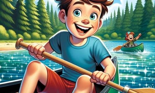 Ein 10-jähriger Junge, Max, mit zerzausten braunen Haaren und strahlenden Augen sitzt in einem grünen Kanu auf einem glitzernden See und lacht begeistert. Er trägt ein blaues T-Shirt und eine rote Shorts, seine Wangen sind vor Aufregung gerötet. Neben ihm hält Tim, ein anderer 10-jähriger Junge mit roten Haaren und Sommersprossen, ein Paddel und lächelt breit, bereit zu rudern. Im Hintergrund ist der See von majestätischen grünen Bäumen umgeben, und der Himmel ist strahlend blau mit einigen flauschigen weißen Wolken. Die Hauptszene zeigt Max und Tim, die fröhlich auf dem Wasser paddeln, umgeben von den Lachen anderer Kinder, die in der Nähe Spaß haben und eine Atmosphäre von Sommerabenteuer und Kameradschaft schaffen.