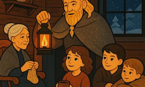 Un hombre — Einar — de rostro arrugado pero amable, cabello rubio paja hasta los hombros, barba trenzada corta, envuelto en una capa de lana gris con nieve, sostiene una linterna de aceite que proyecta luz naranja cálida mientras sonríe y cuenta una historia a la familia; una niña — Freya, ~8 años — castaña y rizada, mejillas sonrojadas por el frío, sentada junto al fuego con una taza de madera, mira a Einar asombrada; una mujer mayor — la abuela, ~70 años — cabello blanco recogido, teje en mecedora de madera y observa con ternura; un niño mayor, ~10 años, apoyado en la mesa con media sonrisa; un niño menor, ~6 años, envuelto en una manta de piel, abraza un cojín junto a Freya. Interior de casa nórdica de madera con paredes de tablones, vigas oscuras, pieles en el suelo, mesa rústica con motivos rúnicos, estantería con objetos de bronce y cuernos, ventana helada que muestra la nieve; la luz cálida del hogar y el resplandor dorado de la linterna contrastan con el azul frío de la noche, creando una escena íntima y acogedora que simboliza el regreso de las historias y la calidez humana en un invierno vikingo.