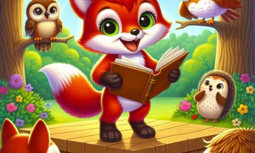 Ein kleiner, leuchtend roter Fuchs mit großen, neugierigen Augen und einem fröhlichen Lächeln steht auf einer Holzbühne und hält ein offenes Buch in seinen Pfoten. Er wirkt begeistert und stolz, bereit, seinen Freunden eine Geschichte zu erzählen. Neben ihm sitzt eine kleine Eule mit weißen und braunen Federn und runden Brillen auf der Nase, die bewundernd zuschaut, ihre Augen leuchten vor Aufregung. Sie sitzt auf einem Ast und ist bereit zu applaudieren. Ein Igel mit weichen Stacheln und einem schüchternen Gesicht, der einen kleinen Papierhut trägt, sitzt nervös, aber lächelnd auf dem Boden und beobachtet stolz seinen Freund. Die Szene findet auf einer sonnigen Lichtung statt, umgeben von majestätischen Bäumen mit lebhaft grünen Blättern und bunten Blumen, die im Wind tanzen. Sonnenstrahlen filtern durch die Äste und schaffen eine magische, warme Atmosphäre. Der kleine Fuchs steht kurz davor, seine Präsentation bei einem Erzählwettbewerb zu beginnen, während die anderen Tiere im Wald gespannt darauf warten, seine Geschichte zu hören.
