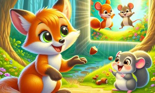 An illustration depicts a small orange fox with shiny fur and curious sparkling eyes, sitting on a colorful carpet of leaves, joyfully smiling while watching a bright screen displaying images of its adventures in the forest. Next to it, a small gray mouse with big ears and round cheeks jumps with excitement, holding a small piece of cheese and eager to share its own stories. A charming little squirrel, with a bushy tail and mischievous eyes, juggles acorns nearby, laughing heartily and adding cheer to the scene. The main setting is an enchanted clearing surrounded by majestic trees with emerald green leaves, where colorful flowers dance in the wind. The ground is covered with wildflowers and golden leaves, while a gentle ray of sunlight filters through the branches, illuminating the scene with warm light. The main situation shows the characters gathered around a sparkling screen, sharing their adventures and laughing together, illustrating the joy of friendship and the balance between the digital world and nature. Other graphical elements include colorful butterflies fluttering around them, birds singing in the trees, and small details like berries and acorns scattered on the ground, creating a joyful and welcoming atmosphere.