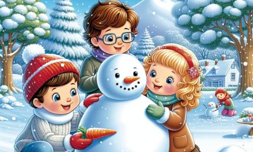 In un giardino innevato, tre amici si sono riuniti per costruire un grande pupazzo di neve. Marco, un ragazzo di 10 anni con capelli castani e occhiali, sta rotolando una grossa palla di neve, sorridendo con entusiasmo. Accanto a lui, Giulia, una ragazza di 9 anni con capelli biondi e ricci, tiene una carota pronta da mettere sul volto del pupazzo di neve. Infine, Luca, un ragazzo di 10 anni con capelli castani e un berretto rosso, osserva con un'espressione un po' preoccupata ma curiosa, pronto ad aiutare. Il giardino è coperto da un spesso strato di neve scintillante, con alberi le cui branche sono cariche di fiocchi bianchi. Il cielo è di un blu brillante, punteggiato da alcune nuvole soffici. Sullo sfondo si intravede una piccola collina perfetta per sciare, aggiungendo magia a questa giornata invernale. I tre amici sono in piena azione, ridendo e divertendosi mentre danno vita al loro pupazzo di neve, simbolo di amicizia e gioia delle avventure invernali.