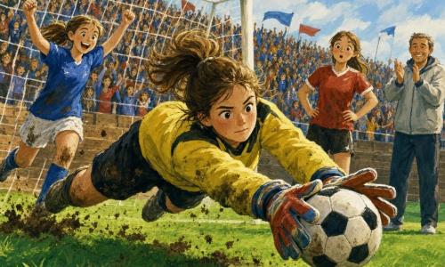 Eine Torhüterin zeigt ein konzentriertes, mutiges Gesicht, Augen groß und entschlossen, Pferdeschwanz, sie taucht seitlich, um einen schwarz-weißen Ball zu halten, ihre bunten Handschuhe sind schmutzig; eine Mitspielerin (ca. 18) läuft hinter ihr, ermutigendes Lächeln, blaues Trikot mit Grasflecken, jubelnde Arme links vom Tor; eine Gegenspielerin (ca. 17) steht ein paar Schritte entfernt, erstaunt, Hände in der Hüfte, rotes zerknittertes Trikot; ein Trainer (ca. 45) an der Seitenlinie klatscht, faltiges freundliches Gesicht, leichte Jacke; das Stadion ist gefüllt mit kleinen farbigen Fans und wehenden Bannern, Holzbänke, blauer Himmel mit ein paar Wolken und warmen Sonnenstrahlen; grüner Rasen mit Schlamm- und Grasflecken und sichtbaren Gouache-Texturen; die Szene zeigt den dramatischen Moment des gehaltenen Elfmeters: eingefrorene Bewegung, aufgewirbelter Dreck, Überraschung und Jubel, kollektiver Triumph.