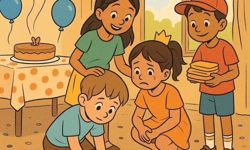 Mats, 8 jaar, verlegen maar moedig, rond gezicht, lichtbruine kort kapsel, grote nieuwsgierige ogen, houdt een gele servet en dept een limonadevlek; Lina, 7 jaar, gastvrouw van het vieruurtje, glimlachend en zelfverzekerd, bruin haar in staartjes met een papieren kroontje, staat bij de tafel en legt bemoedigend een hand op Mats’ schouder; een meisje van ongeveer 6–8 jaar in een gele jurk, met tranige ogen en een omgevallen beker, hurkt naast de vlek; een 8-jarige jongen met een rode pet en grappige sokken lacht zacht en houdt een stapel servetten op de achtergrond; de warme feestzaal heeft een salontafel met een stippenkleed, grote kleurrijke ballonnen, papieren slingers, een grote raam met goud licht en een taart met vlinderdecoratie; hoofdscène: solidariteit op een verjaardagsfeest — Mats maakt de limonade schoon terwijl de anderen helpen, met vrolijke gezichten, glinsterende druppels en confetti op de grond.