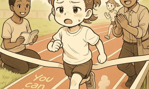 A 6-year-old girl with a round face, light freckles and a bouncing brown ponytail, breathless but proud with flushed cheeks and a determined look, has just crossed a white finish line on a bright red textured running track, hands slightly raised and red dust kicking up under her feet; a smiling man (father, ~35) with short hair and a funny propeller hat applauds near a barrier to the right holding a bag, a gentle-faced woman (mother, ~33) with hair in a bun sits on the grass to the left smiling and holding an open notebook, another girl (~7) with a ponytail runs just behind on the inner lane looking focused, green trimmed grass surrounds the track, pale blue sky with a light breeze, and a chalk drawing at the track edge shows a big yellow smiley with 