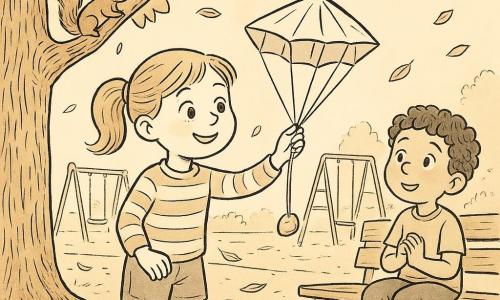 Meisje van ongeveer 8 jaar, lichtbruin haar in staartjes, rond glimlachend gezicht, grote oplettende ogen, gestreepte trui en short, laat een papieren parachuutje met een steentje zachtjes vallen vanaf een hoog punt op de speelplaats; secundair personage: een jongen van ongeveer 7 jaar met krullend haar, zittend op een bankje rechts achter haar, handen samengevouwen en verwonderd kijkend; niet‑menselijk secundair personage: een eekhoorn op een lage tak van een grote kastanjeboom die nieuwsgierig toekijkt; locatie: kleine stedelijke speelplaats met houtsnippers op de grond, schommels en een metalen klimrek op de achtergrond, vallende blaadjes en zacht namiddaglicht; hoofdactie: het meisje test een eenvoudig zelfgemaakt parachuutje dat langzaam naar beneden zweeft, met zichtbare papierplooien, knopen van de touwtjes en een geconcentreerde, blije uitdrukking.