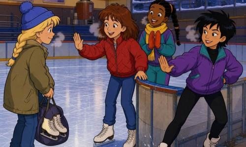 There are four girls: Maya, 12, mid-brown hair, round freckled face, red quilted jacket and white skates; she is center, leaning forward, one hand on the railing, the other raised apologetically. Sophie, 12, blonde braid, blue pompom hat, khaki coat and black skates, stands left of Maya a few meters away, looking contrite and holding a skate bag. Aisha, 11–12, dark-skinned with braids, yellow scarf and orange gloves in sportswear, stands just behind Maya, smiling and applauding. Lina, 13, short black hair, purple windbreaker, confident posture, stands right and slightly forward demonstrating a stopping position. The setting is an indoor ice rink lit by warm halogen lights with glossy ice marked by fine white scratches, plexiglass boards, frosty metal benches, high windows showing a snowy night and orange streetlights, posters on the walls and a hot chocolate dispenser in the background. Main situation: a reconciliation on the ice—Maya apologizes, Sophie accepts and looks relieved, friends surround them supportively; visible winter details include breath vapor, ice crystals from the blades and small frozen puddles near the edges.
