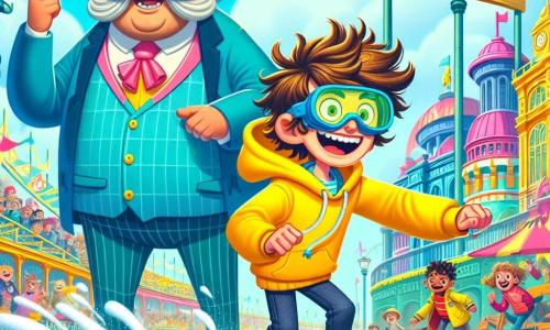 Benny Bumbles, a twelve-year-old boy with messy hair and a mischievous smile, wears a bright yellow hoodie and safety goggles. He is skating determinedly and playfully, following a trail of whipped cream. Next to him, Mayor Mustache, a man in his fifties with a curled mustache and a blue suit, waves his arms with a worried expression, standing near a sparkling fountain and looking at Benny hopefully. The scene takes place in a colorful city with bright buildings, pink pigeons flying in the sky, and a large sign reading 