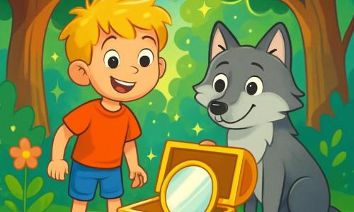 An 8-year-old boy with messy blonde hair and sparkling curious eyes stands in the middle of an enchanted forest. He wears a bright red t-shirt and denim shorts, with a face expressing excitement and determination. Beside him is a large gray wolf with soft fur and bright eyes, looking at the boy with admiration. The scene takes place in a magical forest, where majestic trees with thick trunks rise towards the sky, their leaves shimmering like emeralds in the sun. Colorful flowers dance around them, and a crystal-clear stream flows gently nearby, adding a touch of magic to the atmosphere. The boy and the wolf stand in front of an open golden treasure chest, revealing a shiny mirror that reflects their smiles. They are celebrating their budding friendship, surrounded by a soft, warm light illuminating the scene.