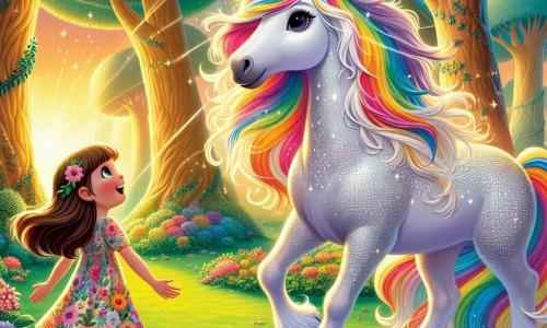 A majestic unicorn named Stardust stands proudly at the center of the image. Its coat sparkles like a starry sky, with silver highlights and rainbow-colored mane gently floating in the wind. Stardust has a soft and kind expression, its large, bright eyes filled with wisdom and friendship. Beside it, an 8-year-old girl named Lily looks in awe. She has long brown hair and wears a colorful dress adorned with flowers. Lily gazes at Stardust with wide eyes and a joyful smile, her arms raised as if she wants to embrace it. The setting is an enchanted park filled with tall trees with golden leaves and vibrant flowers dancing in the breeze. Sunlight filters through the branches, creating magical sparkles on the ground. The main scene shows Lily discovering Stardust, the unicorn, hidden behind bright bushes. The air is filled with a sense of magic and wonder as the little girl timidly approaches the fantastic creature, ready for an unforgettable adventure.