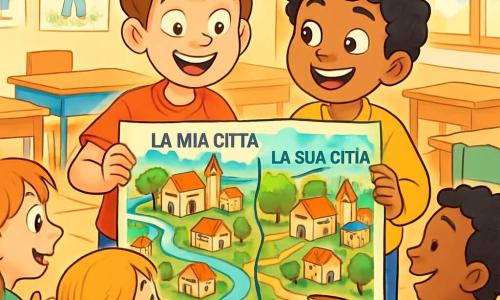 Un ragazzo di 10 anni, Mattia, con capelli castani arruffati e occhi brillanti di curiosità, si trova al centro della scena, sorridendo ampiamente, mentre tiene in mano una grande mappa colorata con disegni della sua città e di quella del suo amico. Accanto a lui, Amir, un ragazzo di 10 anni con capelli neri e ricci, guarda la mappa con meraviglia, gli occhi pieni di gioia ed eccitazione. Sullo sfondo, la classe è decorata con disegni di bambini appesi alle pareti, con tavoli di legno e sedie colorate. La luce del sole filtra attraverso le finestre, illuminando la stanza con un calore dolce e accogliente. La scena principale mostra Mattia e Amir che presentano il loro progetto ai compagni di classe, circondati da altri bambini seduti su sedie, che ascoltano attentamente e applaudono con entusiasmo. L'atmosfera è gioiosa e vivace, piena di colori vivaci e sorrisi.