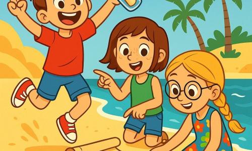 Hay 3 personajes: - Lucas: Un niño de 10 años, con el cabello castaño desordenado y ojos brillantes. Lleva una camiseta roja y un pantalón corto azul. Está saltando de alegría, sosteniendo una botella con un viejo pergamino dentro. - Marina: Una niña de 10 años, con largo cabello rubio trenzado y gafas redondas. Lleva un vestido de flores coloridas y está agachada, examinando el pergamino con una sonrisa curiosa. - Carla: Una niña de 10 años, con cabello castaño corto y pecas. Lleva una camiseta verde y un pantalón corto de mezclilla. Está de pie junto a Lucas, señalando el pergamino con una mirada asombrada. Los tres amigos están en una playa soleada, rodeados de dunas de arena dorada y olas turquesas que rompen suavemente en la orilla. Al fondo, las palmeras bailan con la brisa ligera y el cielo es de un azul brillante, salpicado de algunas nubes blancas esponjosas. La situación principal muestra a los niños descubriendo un viejo pergamino en una botella, con expresiones de sorpresa y emoción en sus rostros. Están planeando su próxima aventura, rodeados de conchas y tesoros de la playa, listos para seguir el misterioso camino del tesoro.